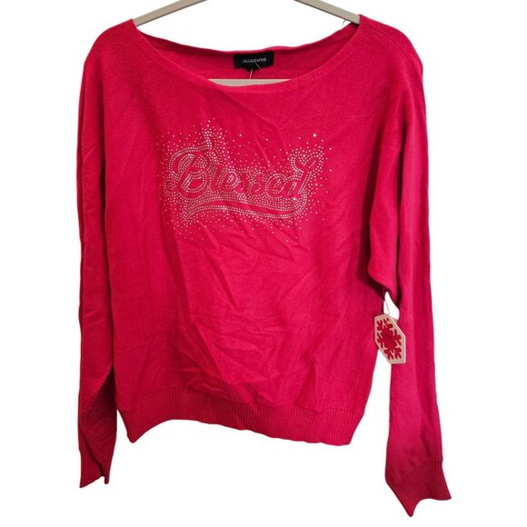 Calligraphie Long Sleeve Sweater Blessed Silver Rhinestones Hot Pink Size M NWT - Picture 1 of 12